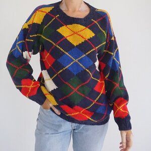 Field Gear Navy Multicolor Argyle Knit Preppy Cotton Blend Collegiate Sweater M